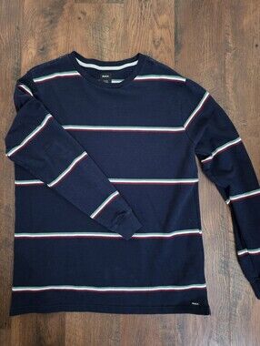 RVCA Navy Striped Long Sleeve Crew Large